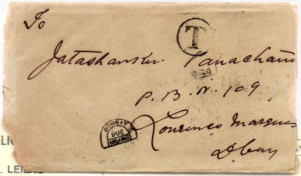 1275 v.jpg -     Lote:    1275 (verso)            Moçambique       Descrição:         1904 &mdash; Porteado. Emissão regular. Valor em reis. Sobrescrito circulado de Bombaim para Lourenço Marques (01.10.11) sem franquia. Foi porteado com o dobro do porte em falta com selo de 100 reis. CE IP7. B e R.        Carta       Valor Base:     &euro; 55,00     Valor Venda:     Retirado     